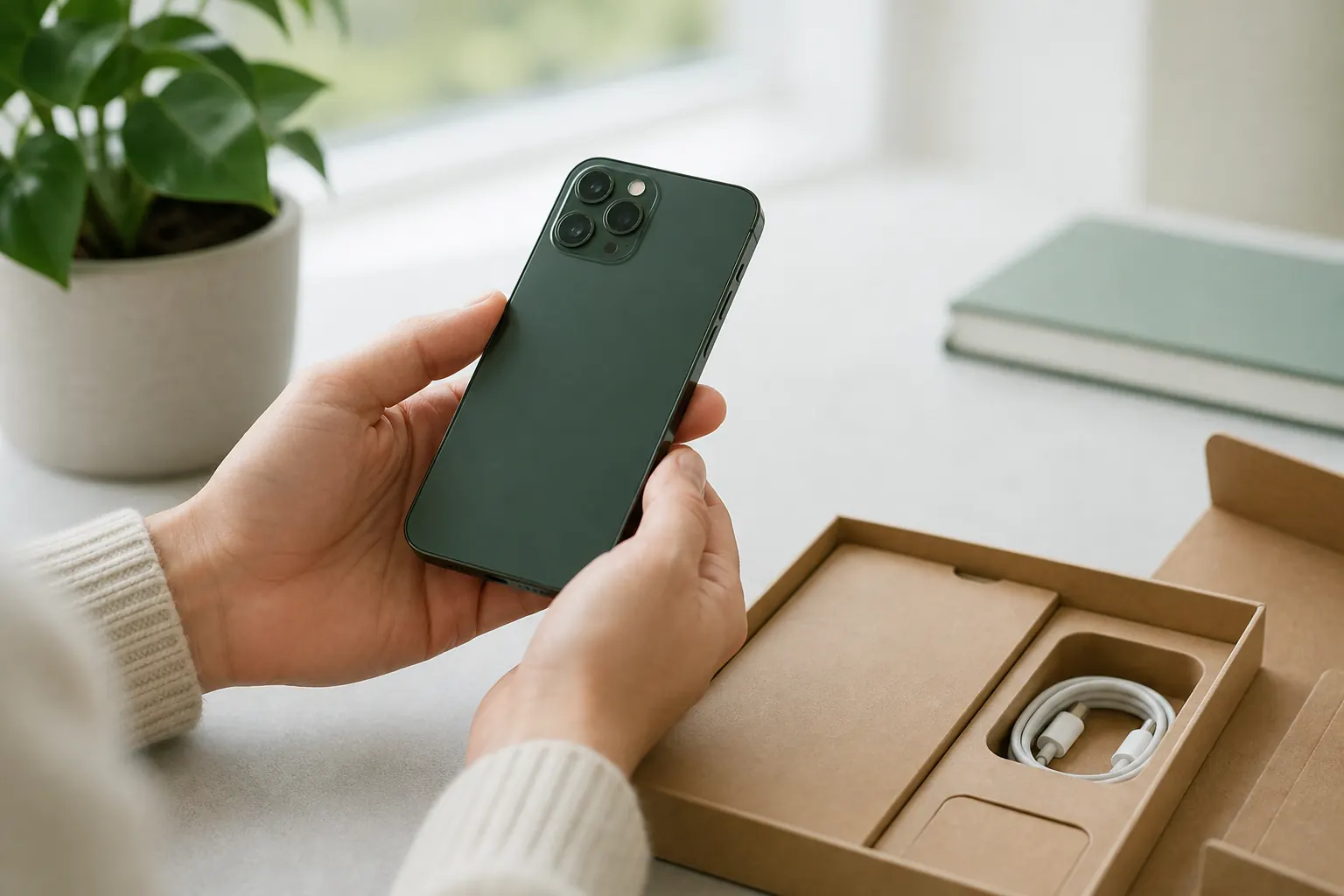 Mains tenant un smartphone certifié au-dessus d'un emballage minimal sur un bureau clair